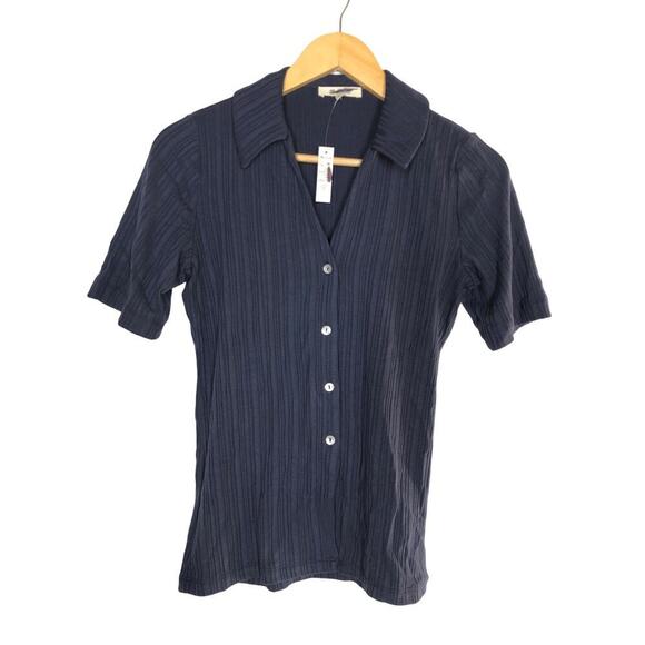 Madewell Cutaway Hem Polo Top Short Sleeve Rib Knit Ink Navy Blue NWT Small - Picture 2 of 7